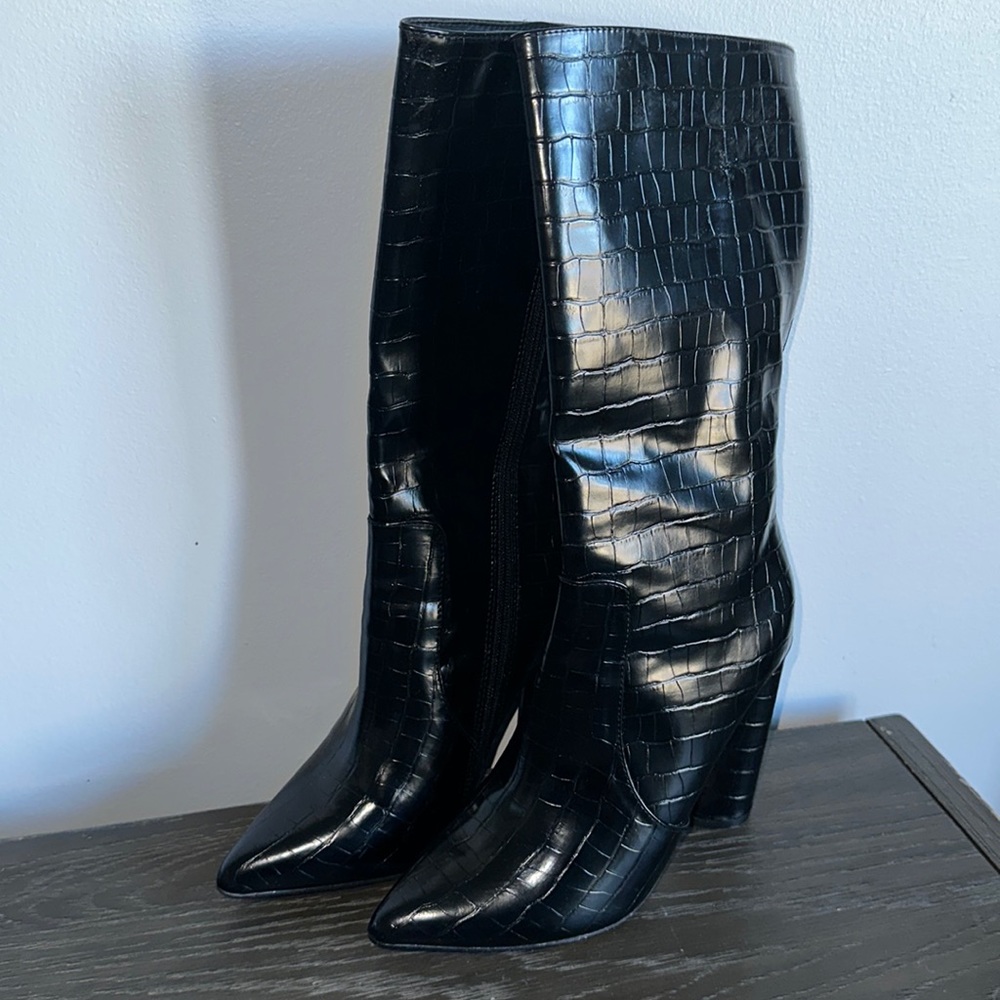 PLT Black Croc Point Toe Round Heel High Calf Boot Size &